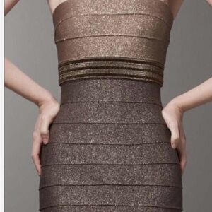 Carmen Marc Valvo Strapless Metallic Brown Bandage Dress